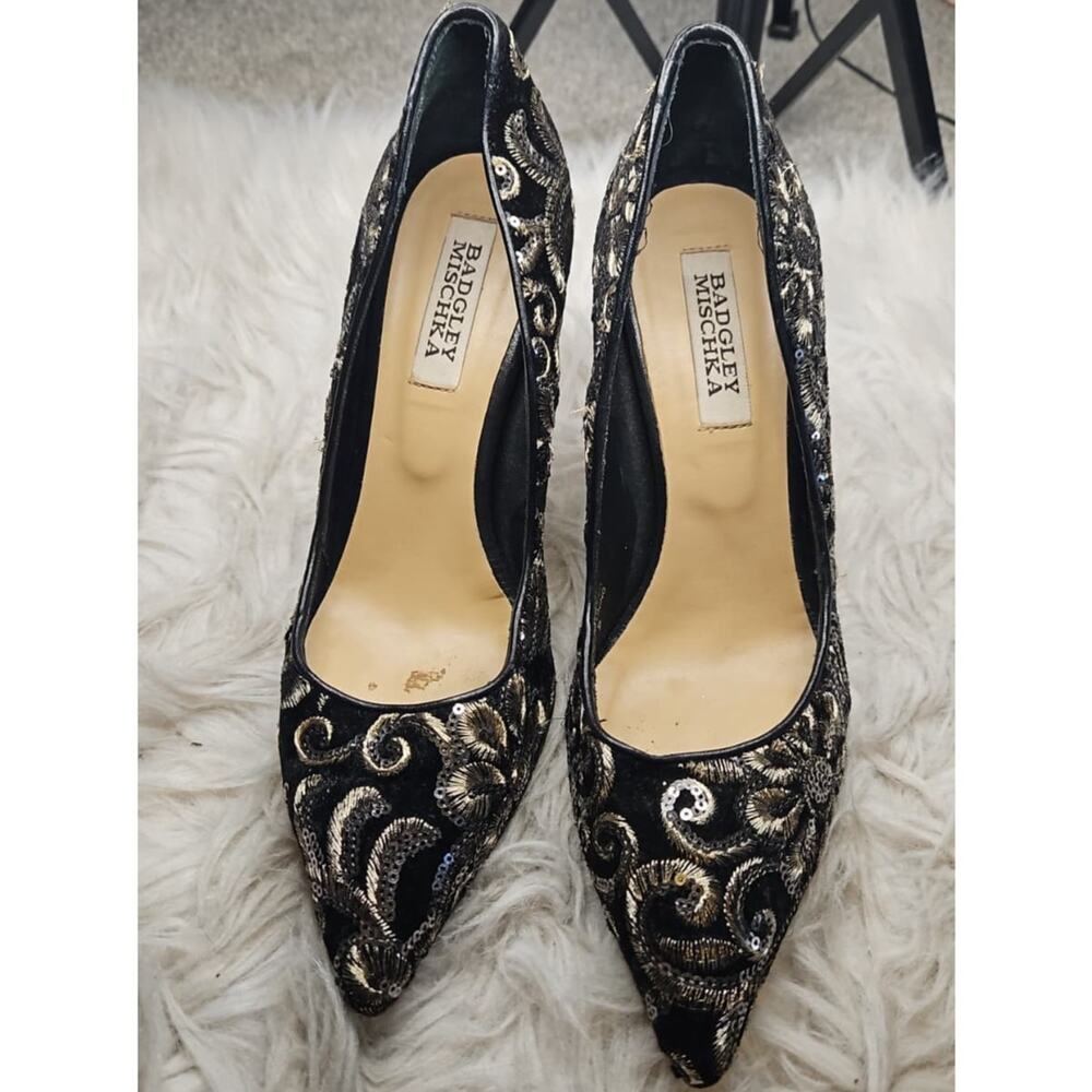 Badgley Mischka Black & Gold Sequin Pumps - Embroidery Lace Heels - Size 9 - Picture 3 of 7